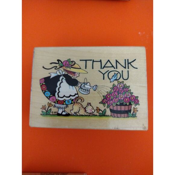 Mary Engelbreit Ink Watering The Roses Thank You Wood Mount Rubber Stamp 581H - Picture 1 of 4